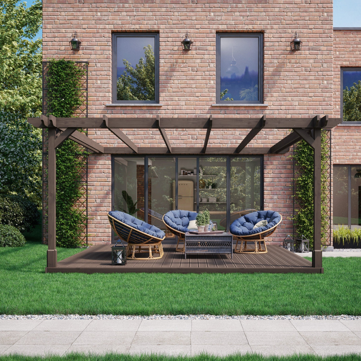 Wall Mounted Double Premium Pergola with Decking - Rustic Brown - 2.4m Depth x 2.4m Length - image 1