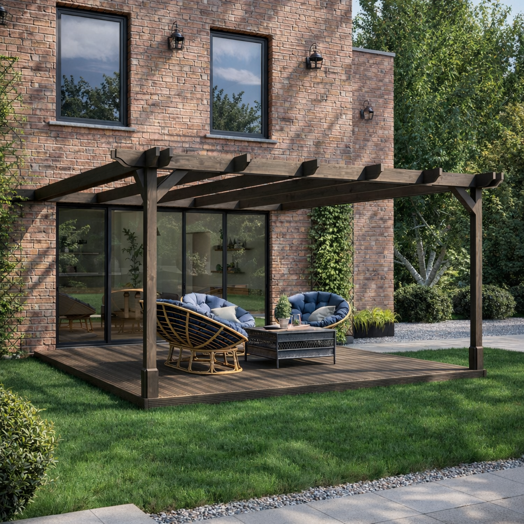 Wall Mounted Double Premium Pergola with Decking - Rustic Brown - 2.4m Depth x 2.4m Length - image 3
