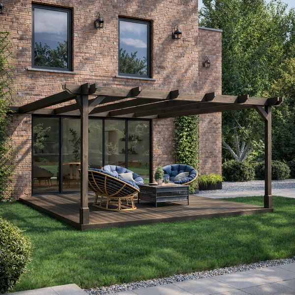 Wall Mounted Double Premium Pergola with Decking - Rustic Brown - 3m Depth x 3m Length