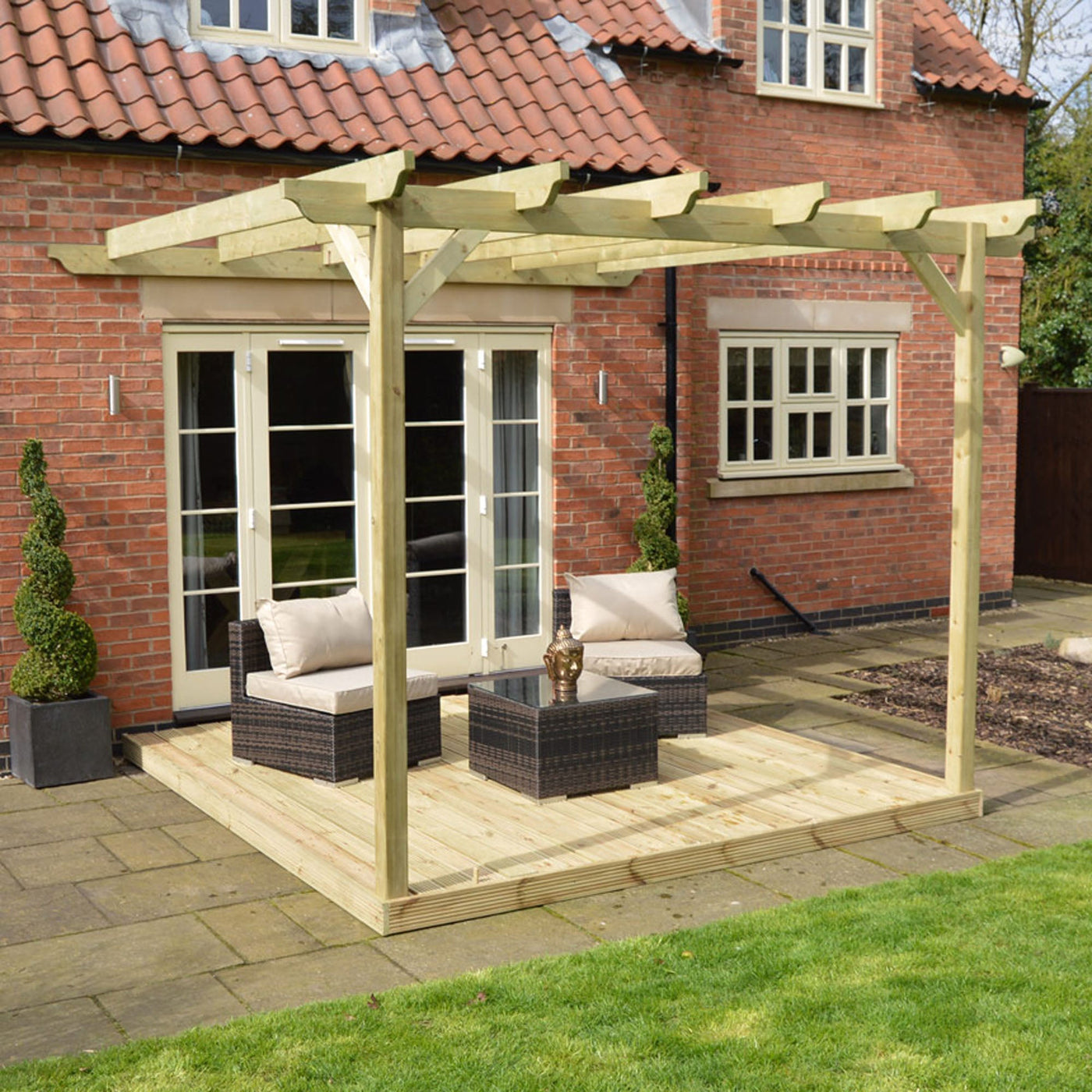 Wall Mounted Garden Pergola with Decking - Light Green - 3.6m Depth x 3.6m Length - image 1