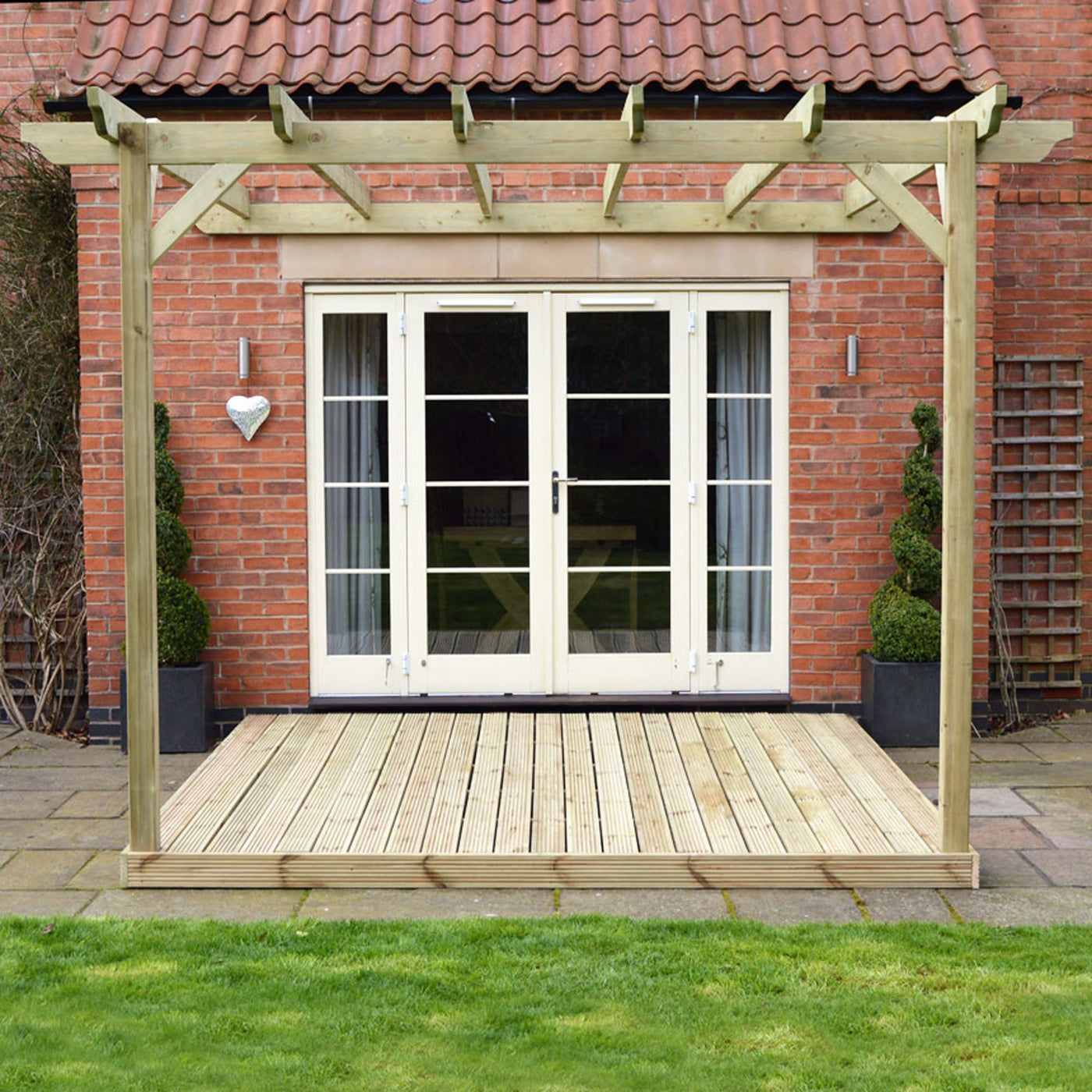 Wall Mounted Garden Pergola with Decking - Light Green - 3.6m Depth x 3.6m Length - image 4