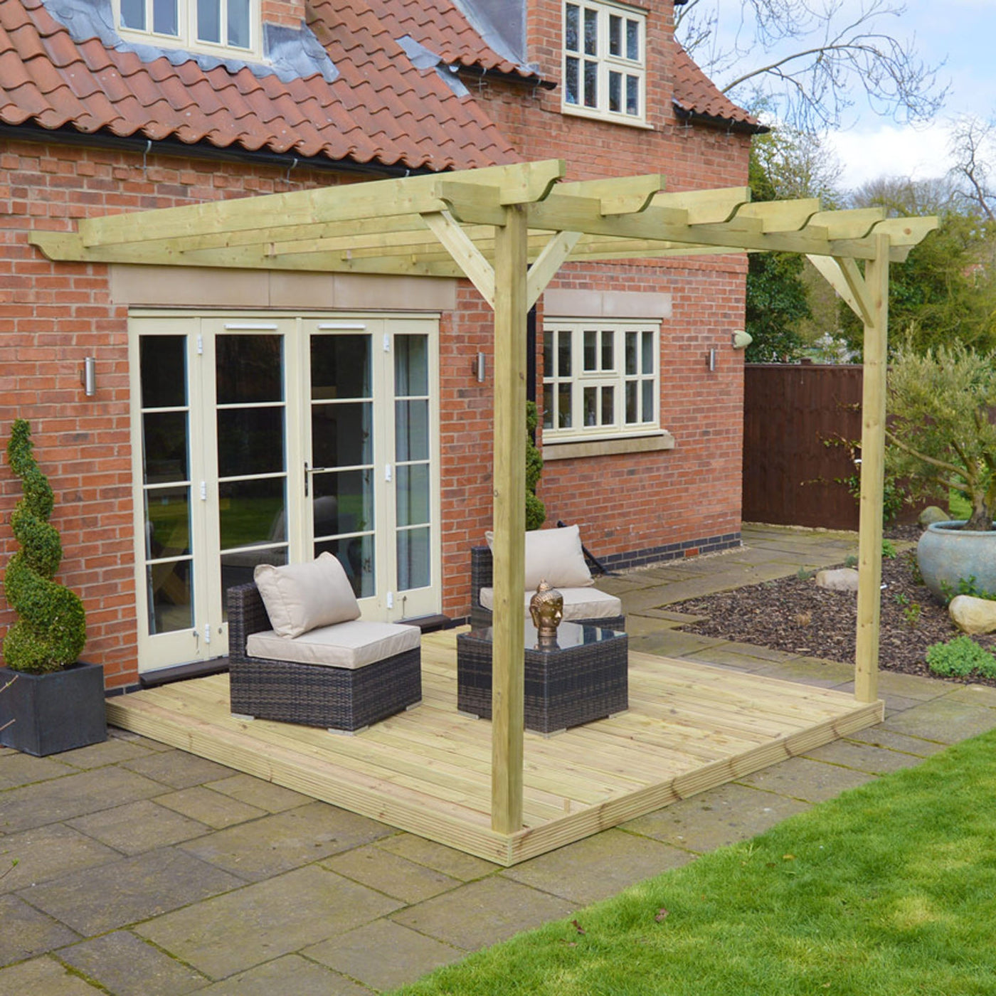 Wall Mounted Garden Pergola with Decking - Light Green - 3.6m Depth x 3.6m Length - image 5