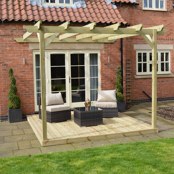 Wall Mounted Garden Pergola with Decking - Light Green - 2.4m Depth x 2.4m Length