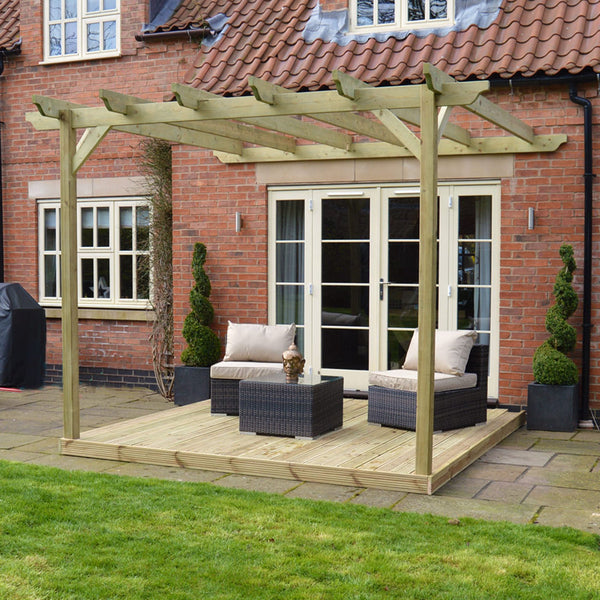 Wall Mounted Garden Pergola with Decking - Light Green - 4.8m Depth x 4.8m Length
