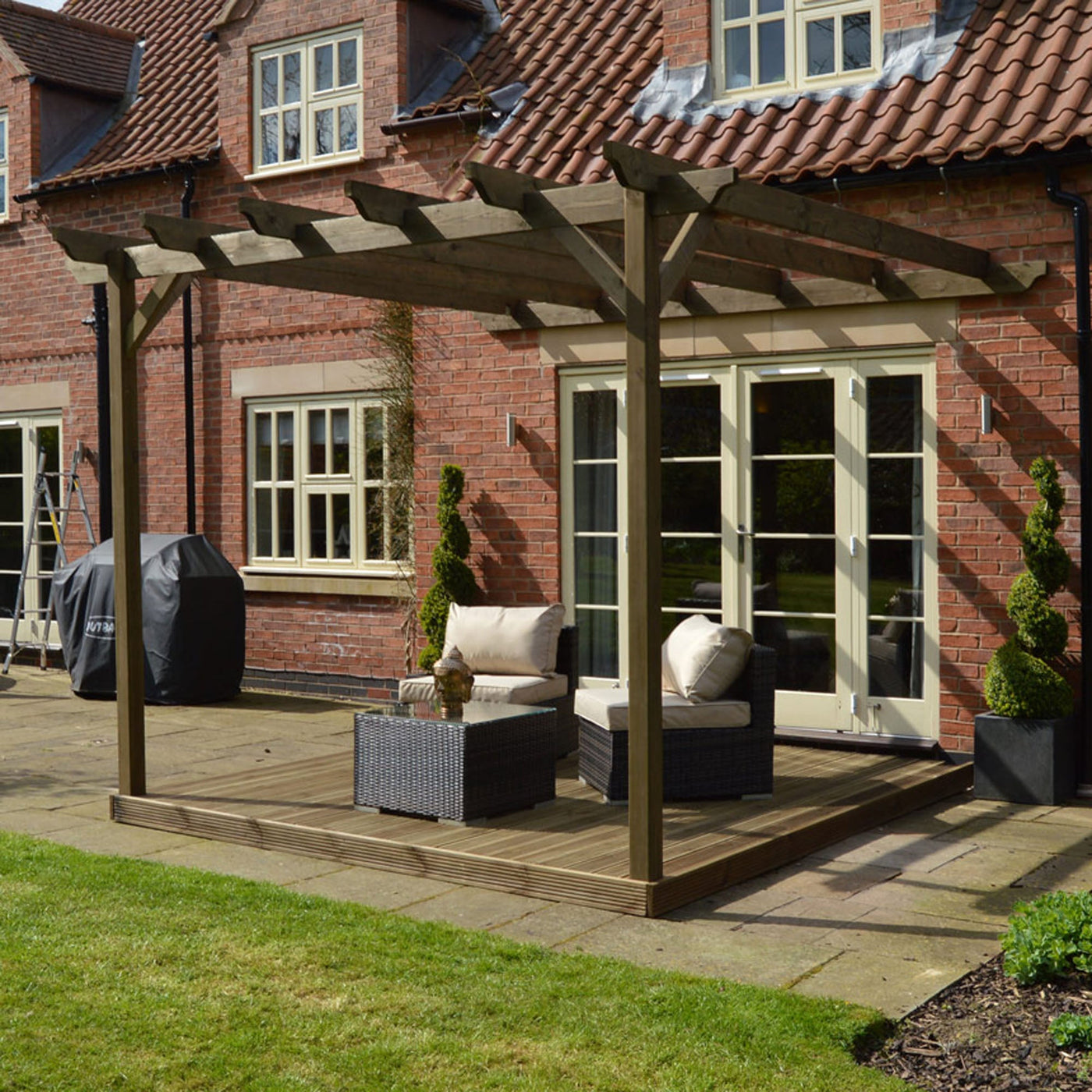 Wall Mounted Garden Pergola with Decking - Rustic Brown - 4.2m Depth x 4.2m Length - image 4