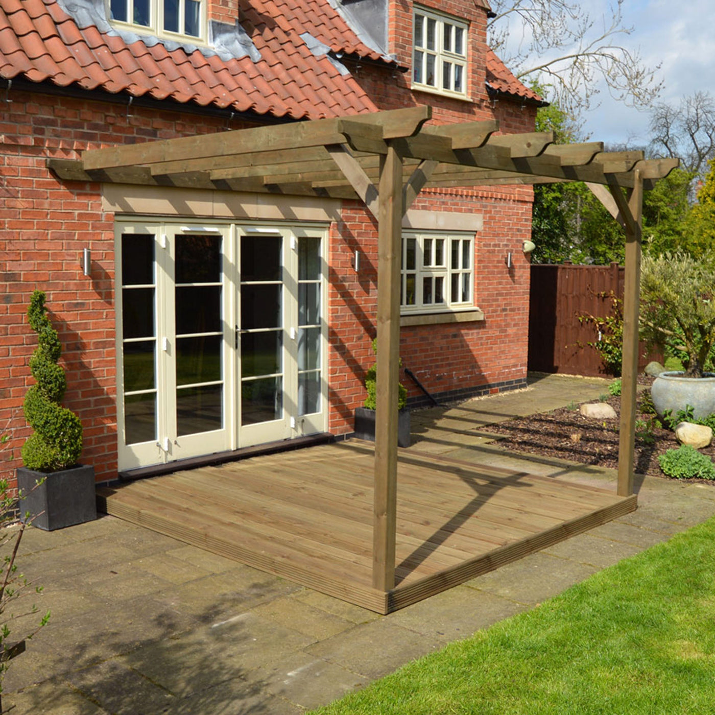 Wall Mounted Garden Pergola with Decking - Rustic Brown - 4.2m Depth x 4.2m Length - image 7