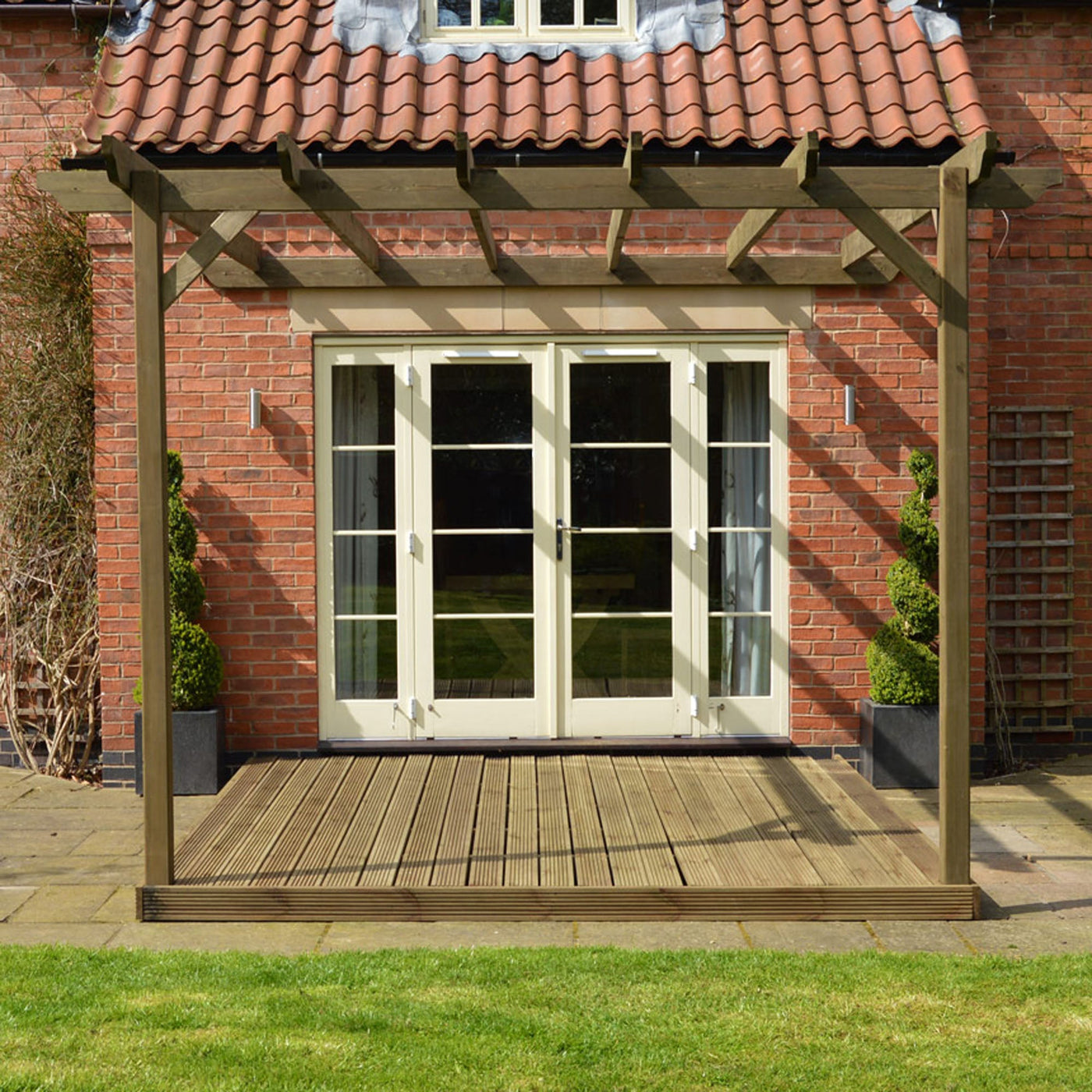 Wall Mounted Garden Pergola with Decking - Rustic Brown - 2.4m Depth x 2.4m Length - image 3