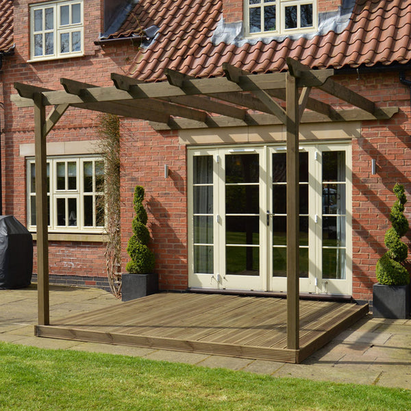 Wall Mounted Garden Pergola with Decking - Rustic Brown - 4.8m Depth x 4.8m Length