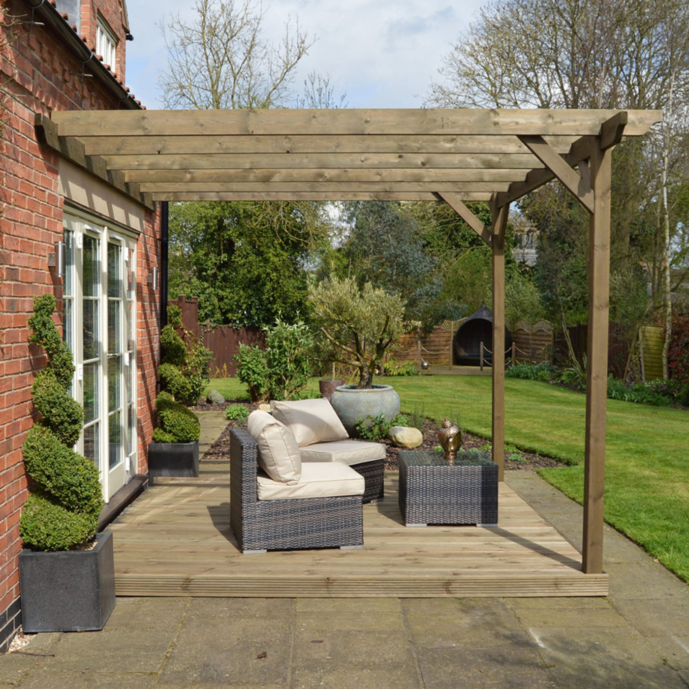 Wall Mounted Garden Pergola with Decking - Rustic Brown - 4.2m Depth x 4.2m Length - image 6
