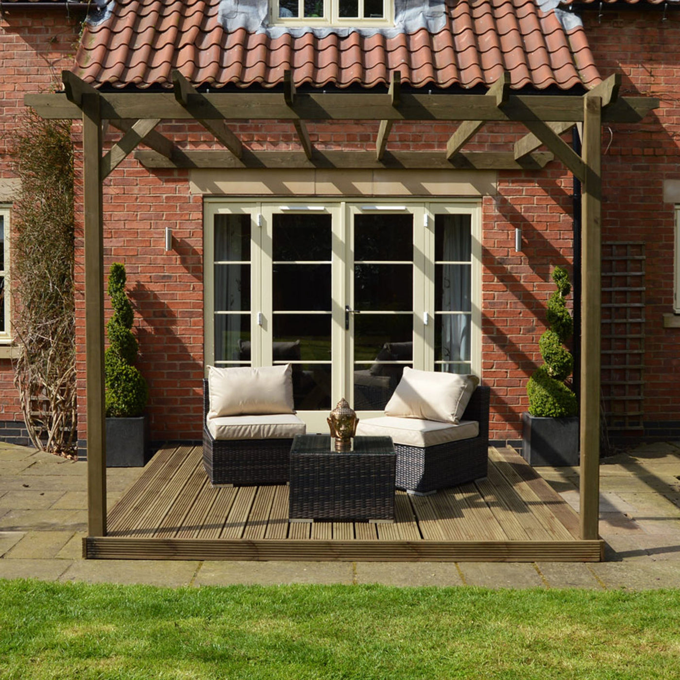 Wall Mounted Garden Pergola with Decking - Rustic Brown - 4.2m Depth x 4.2m Length - image 3