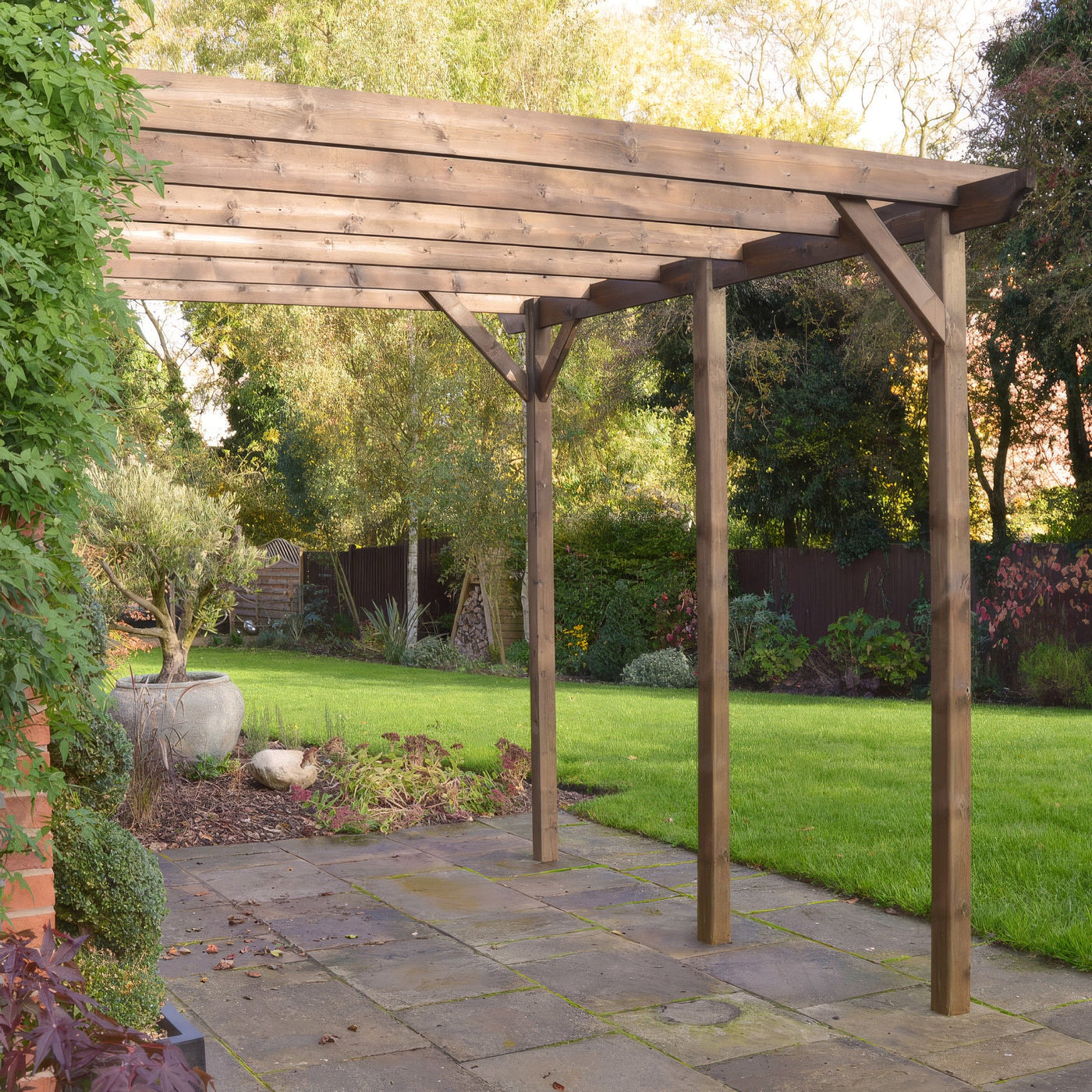Wall Mounted Garden Pergola - Rustic Brown - 3m Depth x 6.6m Length - image 3