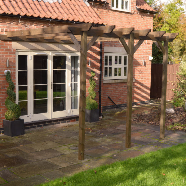 Wall Mounted Garden Pergola - Rustic Brown - 3m Depth x 7.8m Length