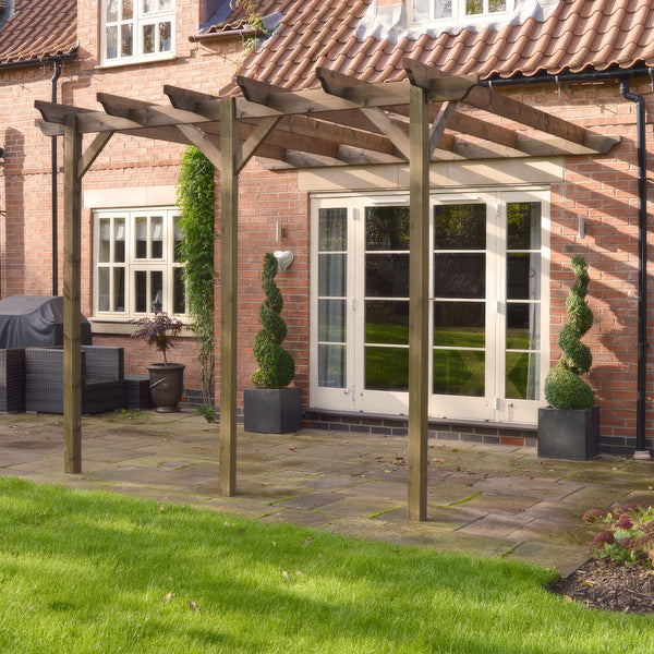 Wall Mounted Garden Pergola - Rustic Brown - 4.8m Depth x 7.2m Length