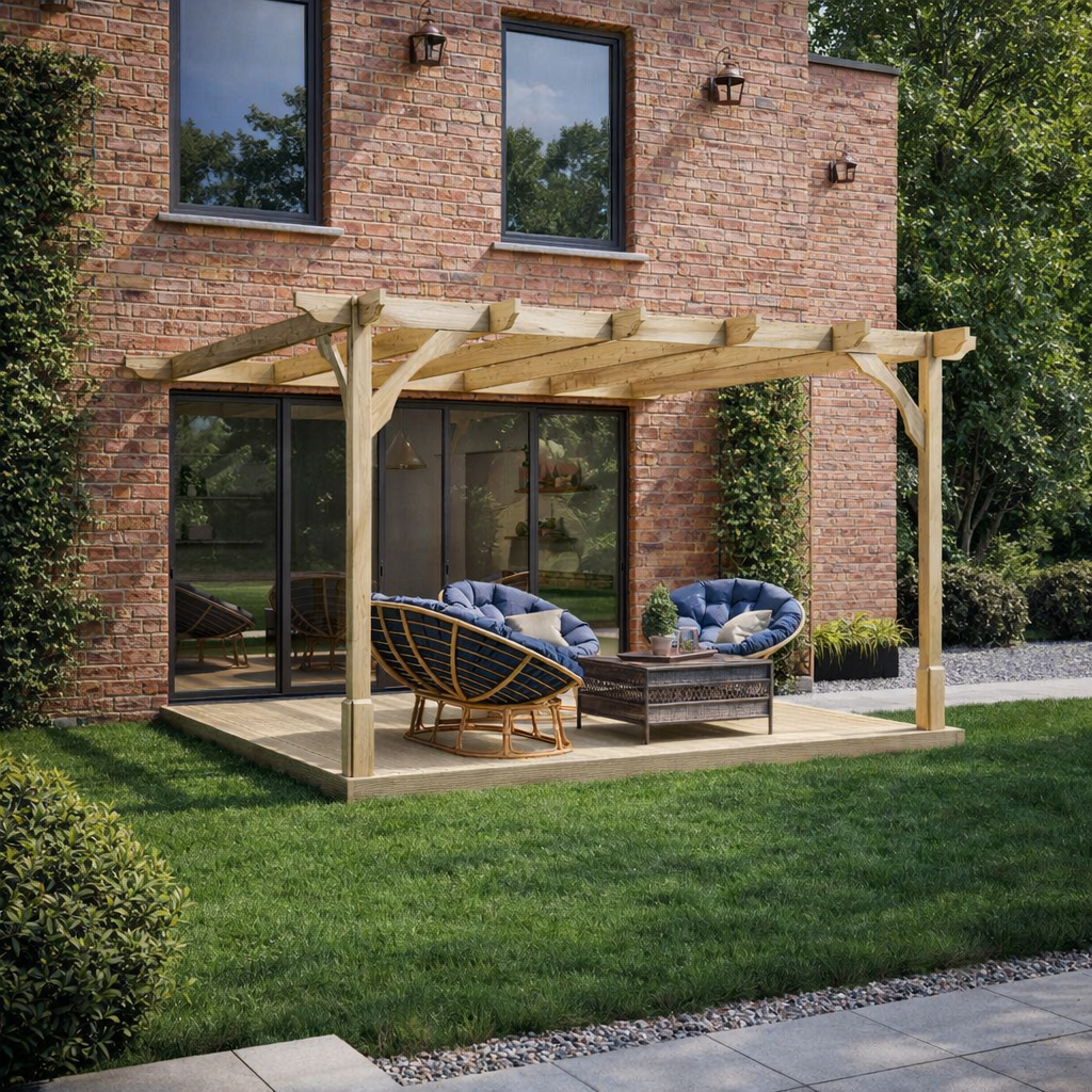 Wall Mounted Premium Pergola with Decking - Light Green - 4.2m Depth x 4.2m Length - image 1