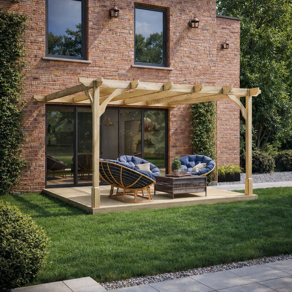 Wall Mounted Premium Pergola with Decking - Light Green - 4.8m Depth x 4.8m Length