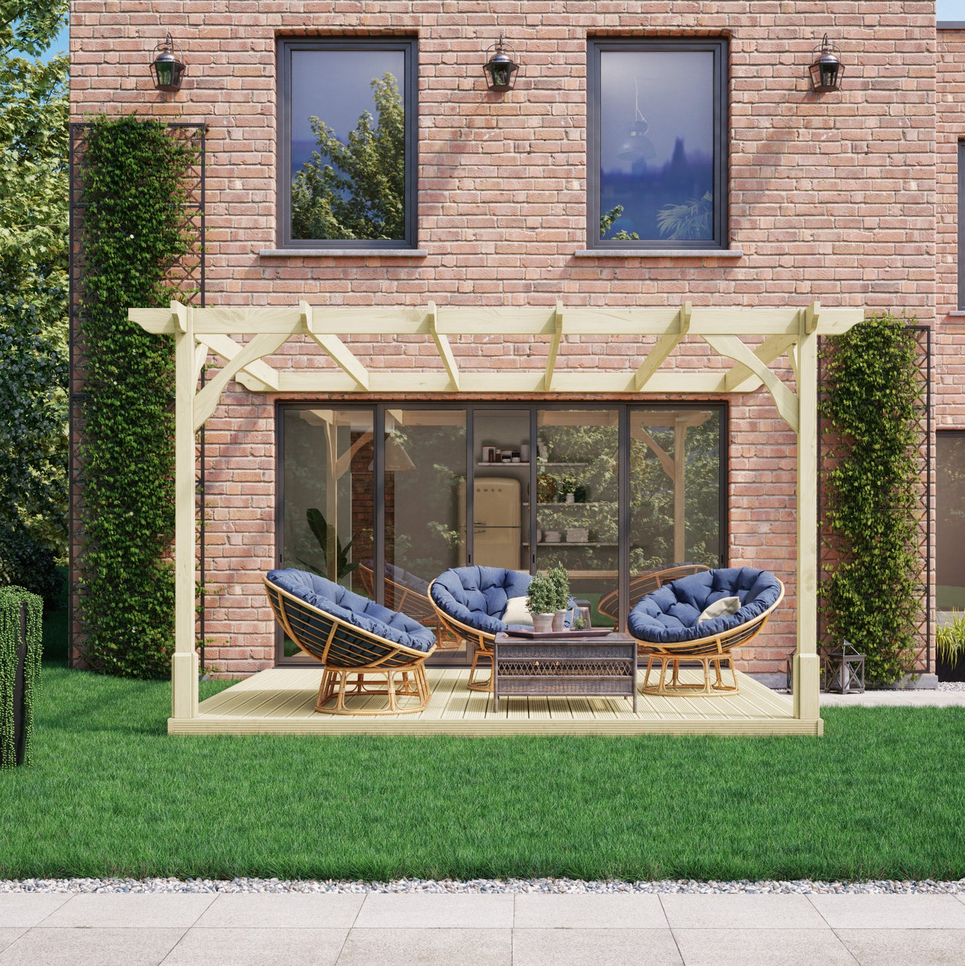 Wall Mounted Premium Pergola with Decking - Light Green - 3m Depth x 3m Length - image 3