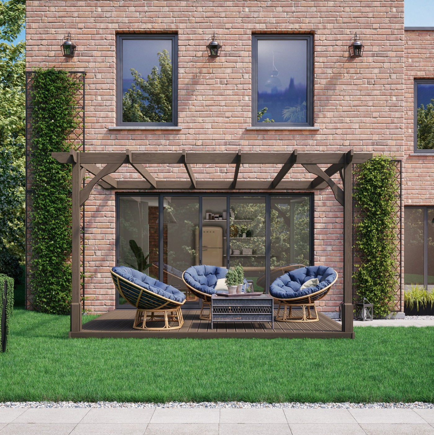 Wall Mounted Premium Pergola with Decking - Rustic Brown - 2.4m Depth x 2.4m Length - image 3