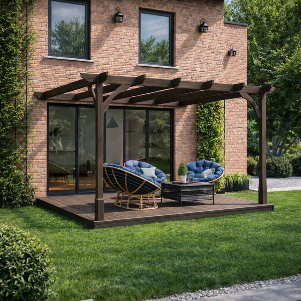 Wall Mounted Premium Pergola with Decking - Rustic Brown - 4.2m Depth x 4.2m Length